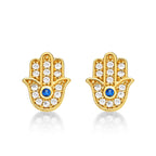 Yellow Gold Plated Sterling Silver Hamza Hand Earrings with Cubic Zirconia