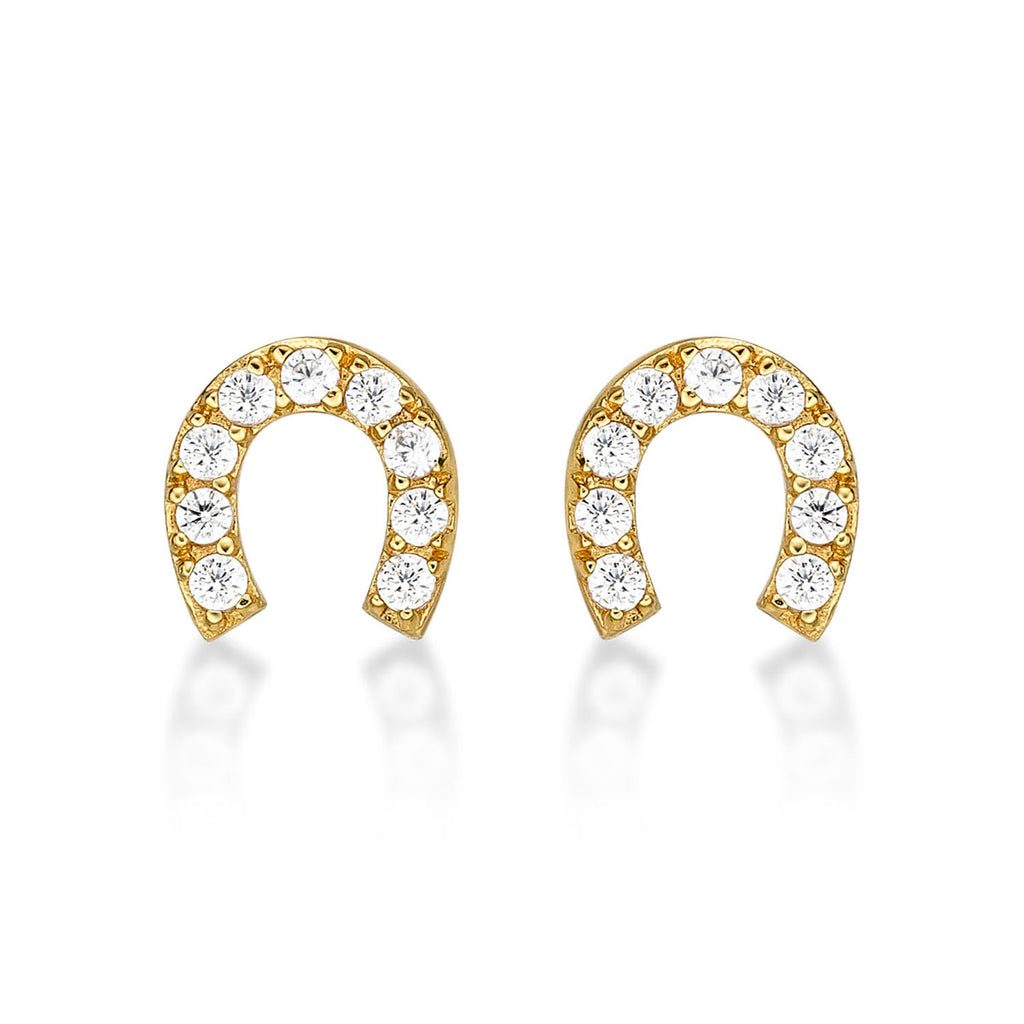 Yellow Gold Plated Sterling Silver Horseshoe Earrings Cubic Zirconia