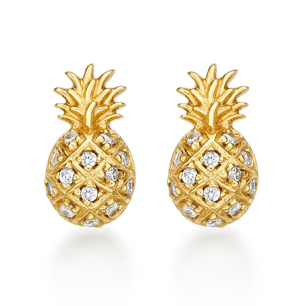 Yellow Gold Plated Sterling Silver Pineapple Earrings with Cubic Zirconia