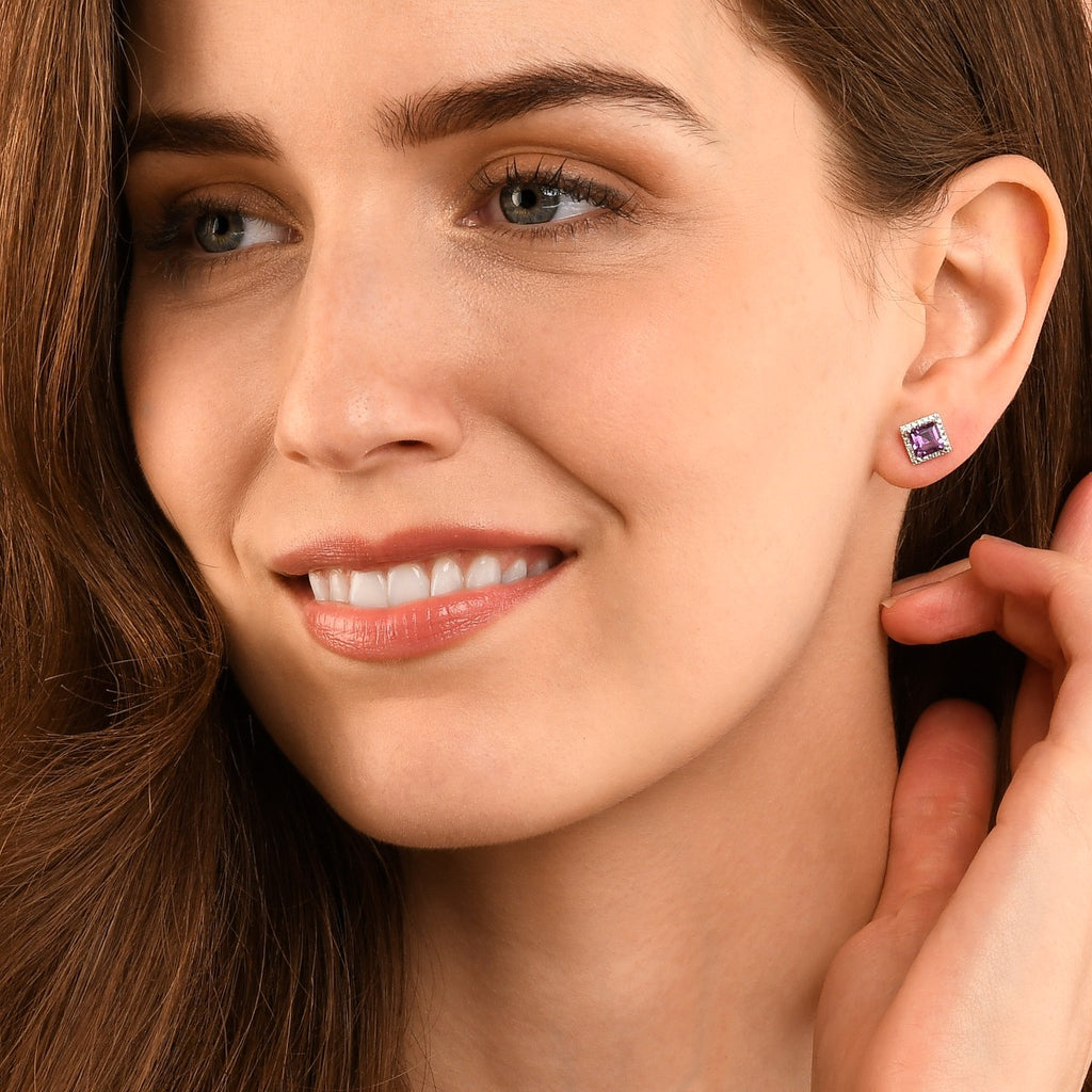 5mm x 5mm Amethyst and 0.19ct diamond stud earrings in 9K white gold