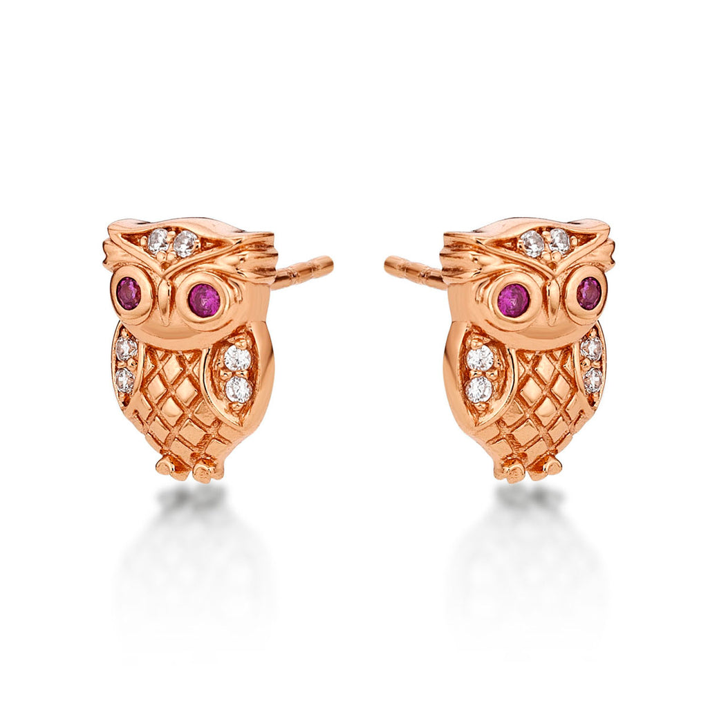 Rose Gold Plated Sterling Silver Owl Earrings with Cubic Zirconia