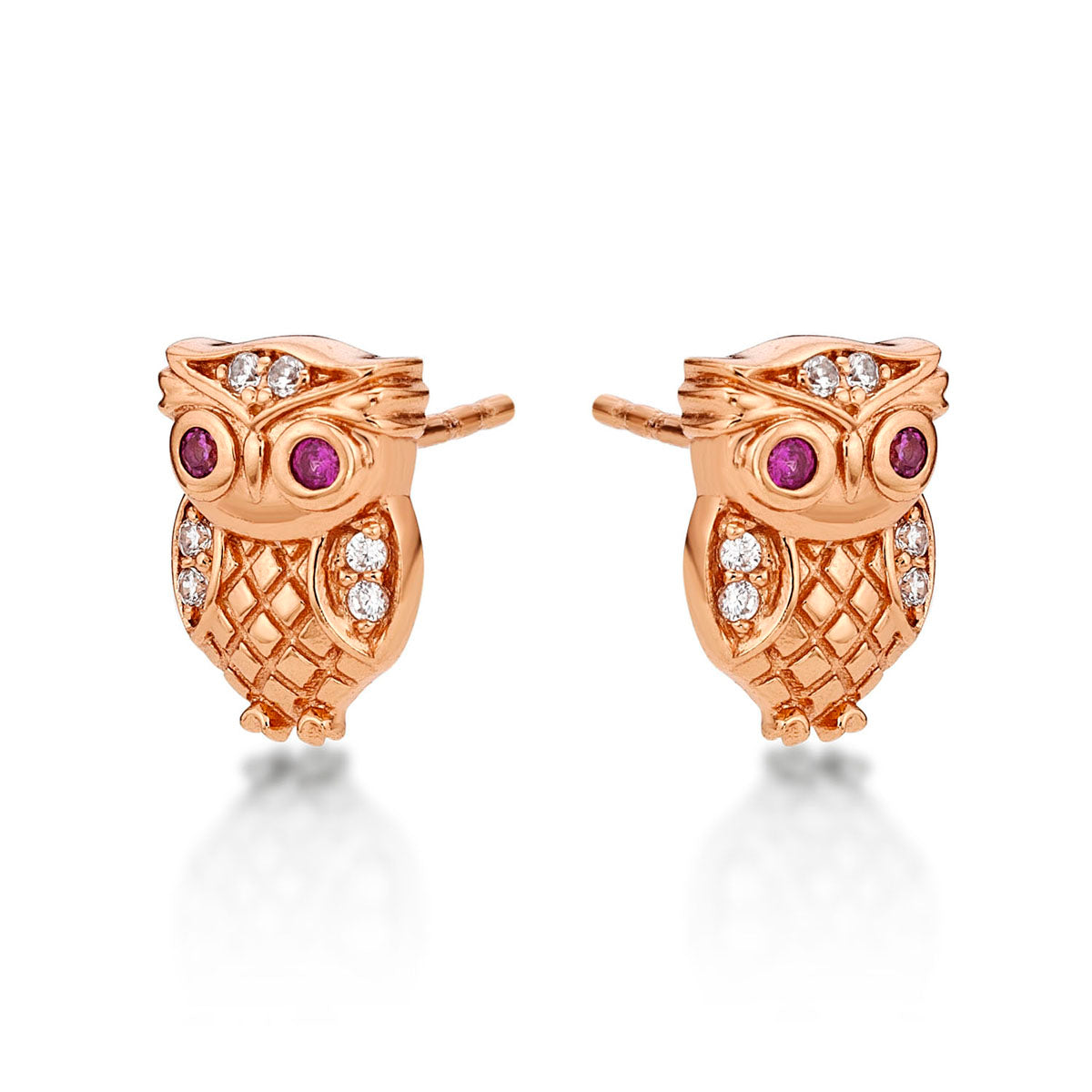 Rose Gold Plated Sterling Silver Owl Earrings with Cubic Zirconia