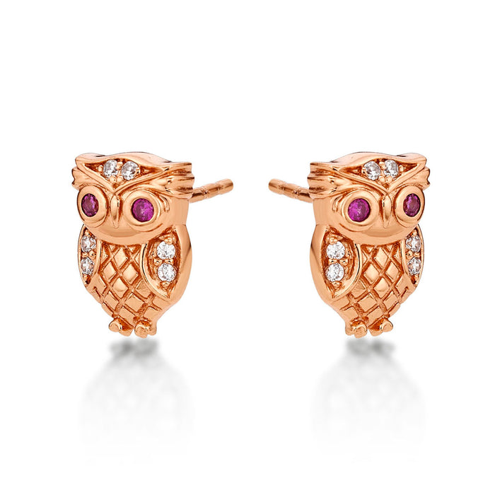 Rose Gold Plated Sterling Silver Owl Earrings with Cubic Zirconia
