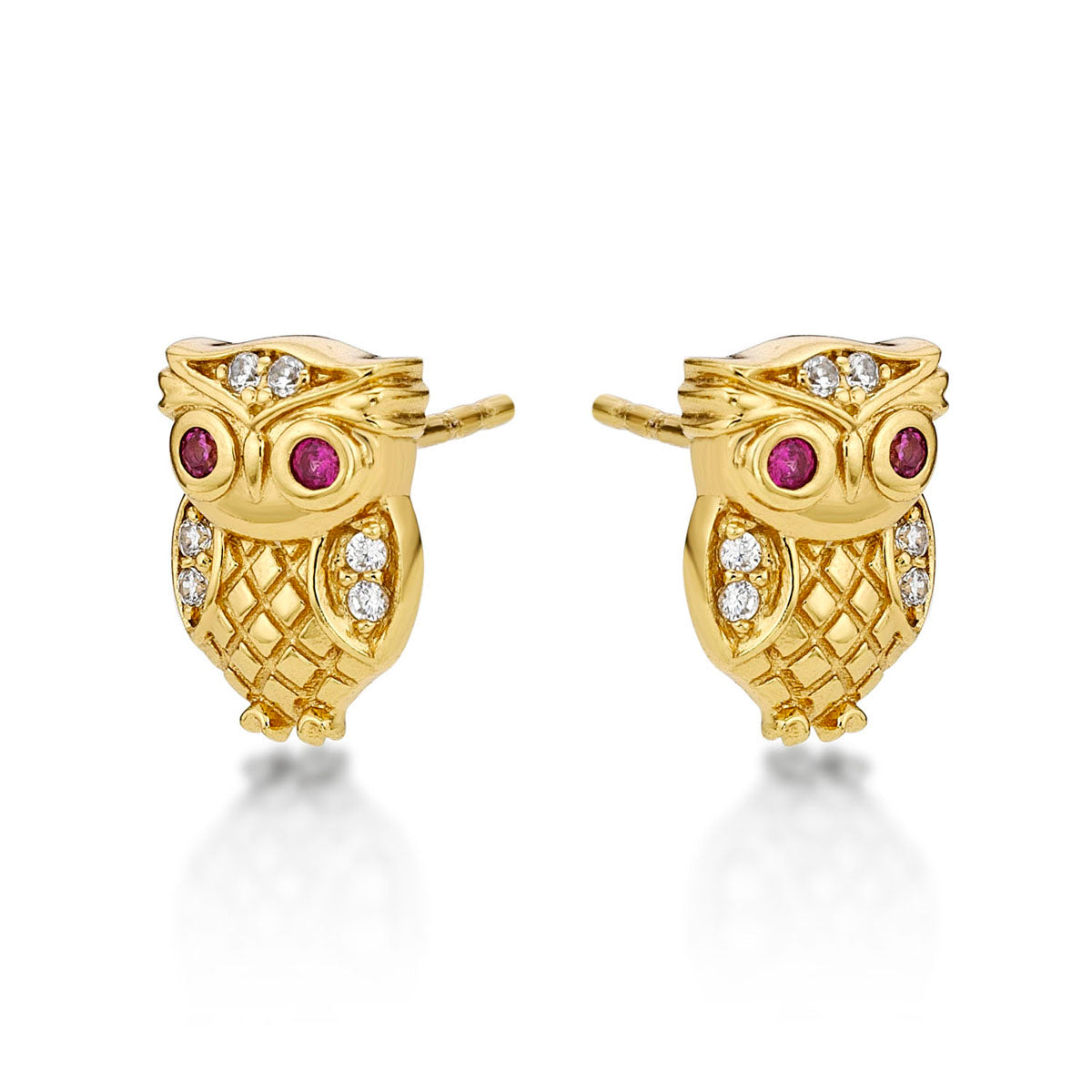 Yellow Gold Plated Sterling Silver Owl Earrings with Cubic Zirconia