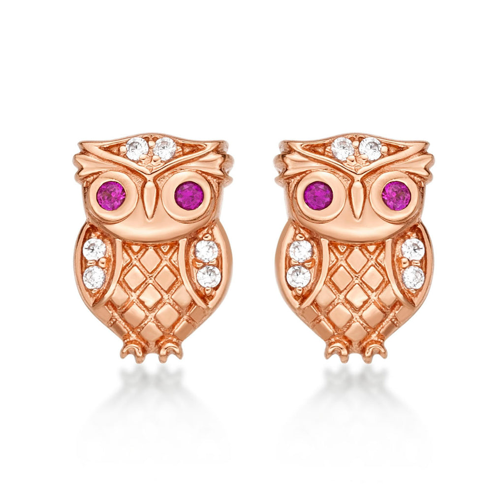 Rose Gold Plated Sterling Silver Owl Earrings with Cubic Zirconia