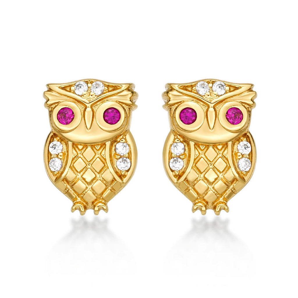 Yellow Gold Plated Sterling Silver Owl Earrings with Cubic Zirconia