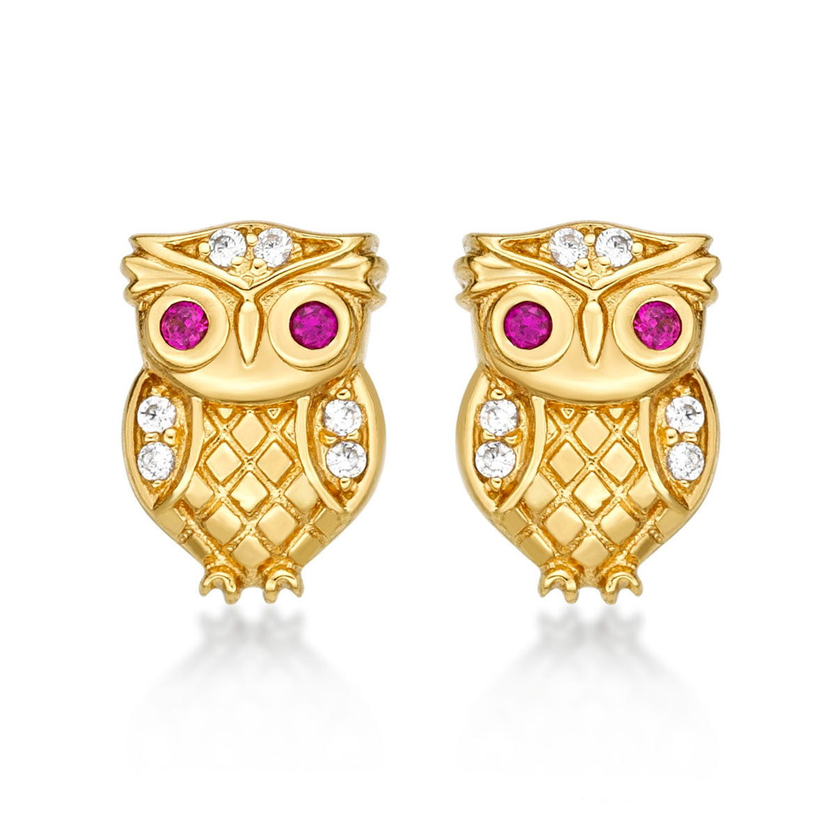 Yellow Gold Plated Sterling Silver Owl Earrings with Cubic Zirconia