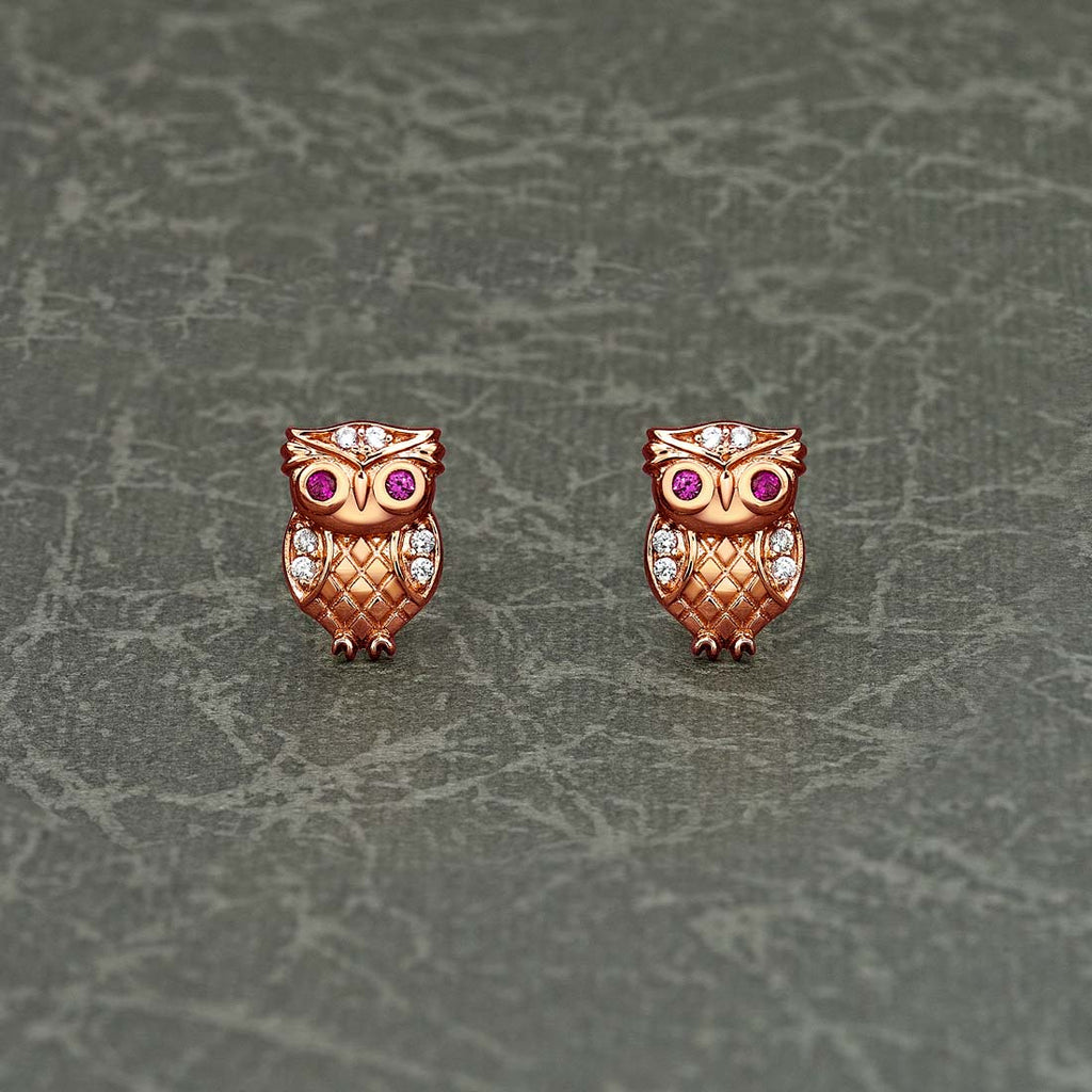 Rose Gold Plated Sterling Silver Owl Earrings with Cubic Zirconia