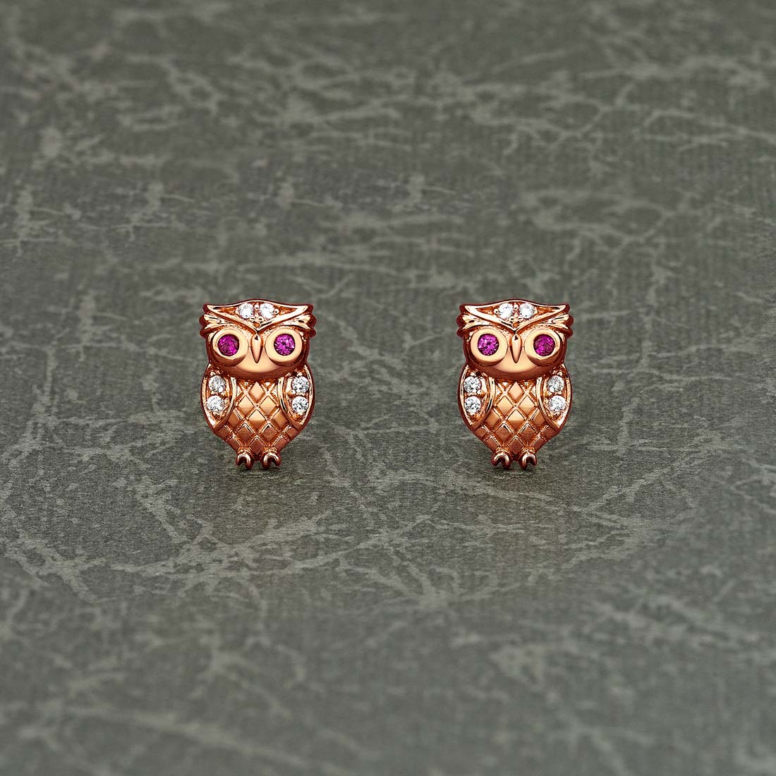 Rose Gold Plated Sterling Silver Owl Earrings with Cubic Zirconia