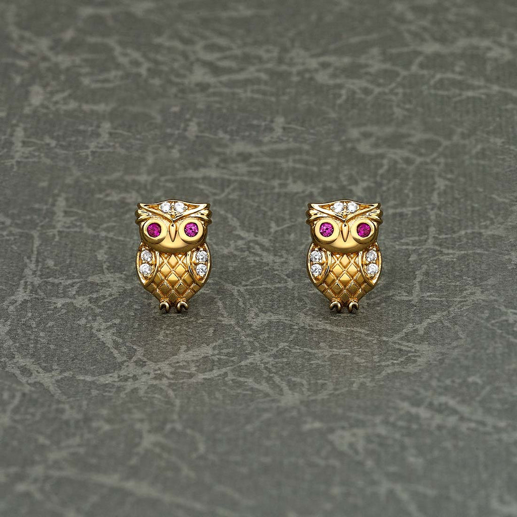 Yellow Gold Plated Sterling Silver Owl Earrings with Cubic Zirconia