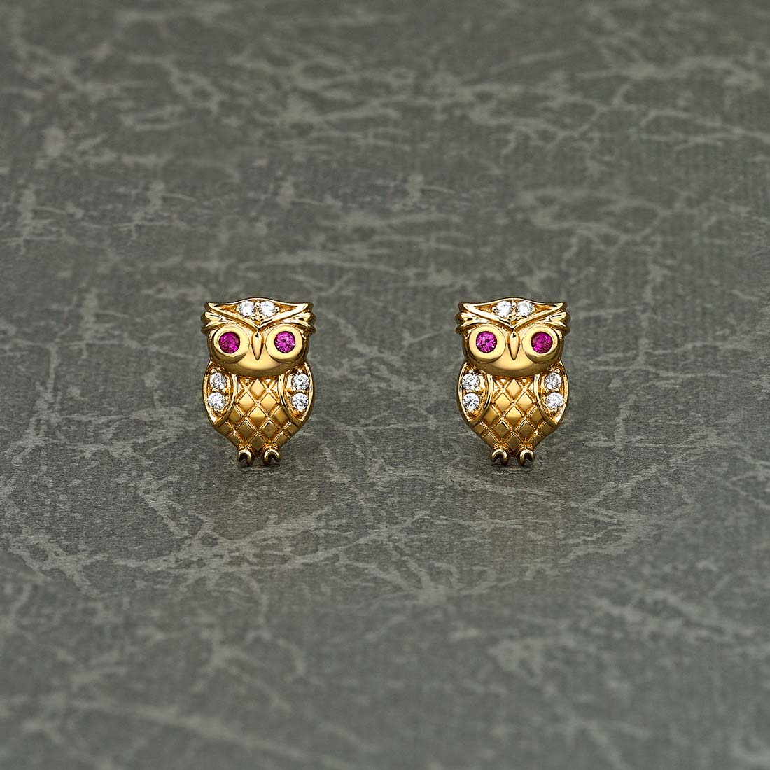 Yellow Gold Plated Sterling Silver Owl Earrings with Cubic Zirconia