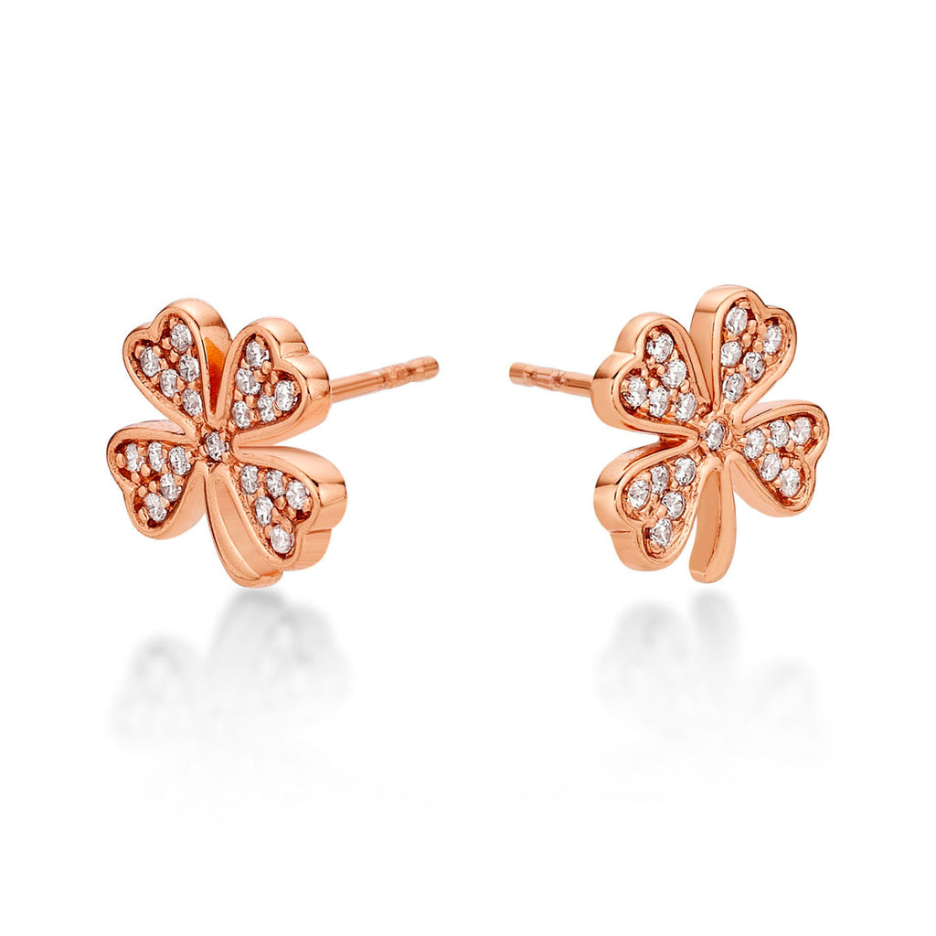 Rose Gold Plated Sterling Silver 4 Leaf Clover Earrings with Cubic Zirconia