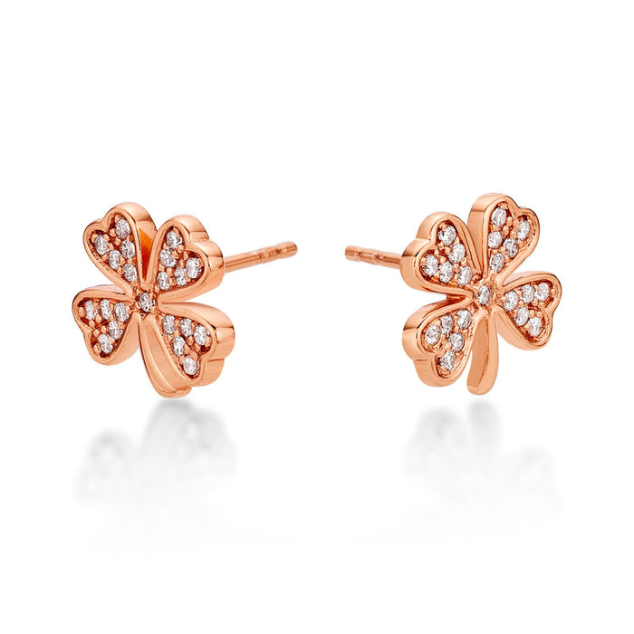 Rose Gold Plated Sterling Silver 4 Leaf Clover Earrings with Cubic Zirconia