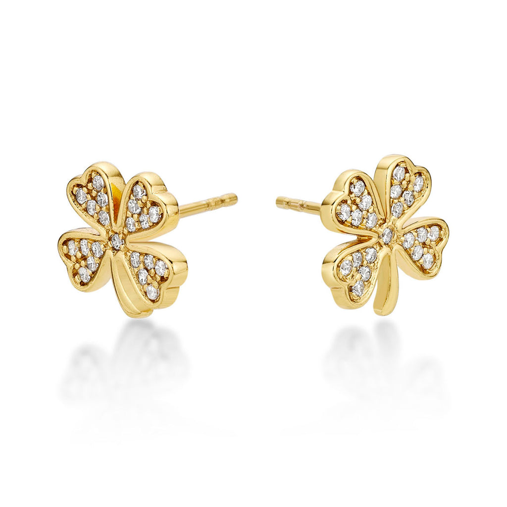 Yellow Gold Plated Sterling Silver 4 Leaf Clover Earrings with Cubic Zirconia