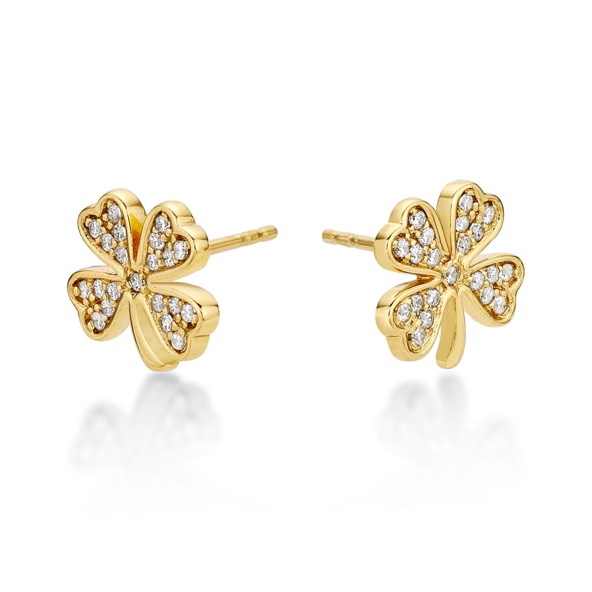 Yellow Gold Plated Sterling Silver 4 Leaf Clover Earrings with Cubic Zirconia