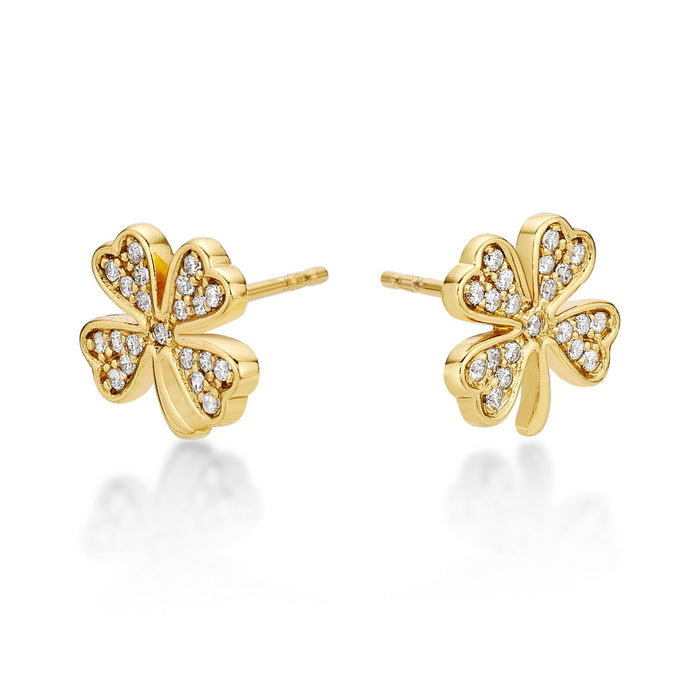 Yellow Gold Plated Sterling Silver 4 Leaf Clover Earrings with Cubic Zirconia