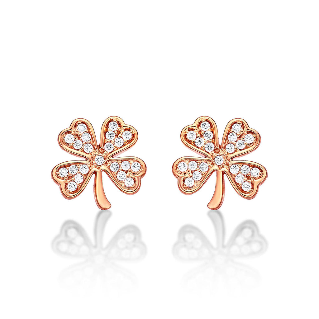 Rose Gold Plated Sterling Silver 4 Leaf Clover Earrings with Cubic Zirconia