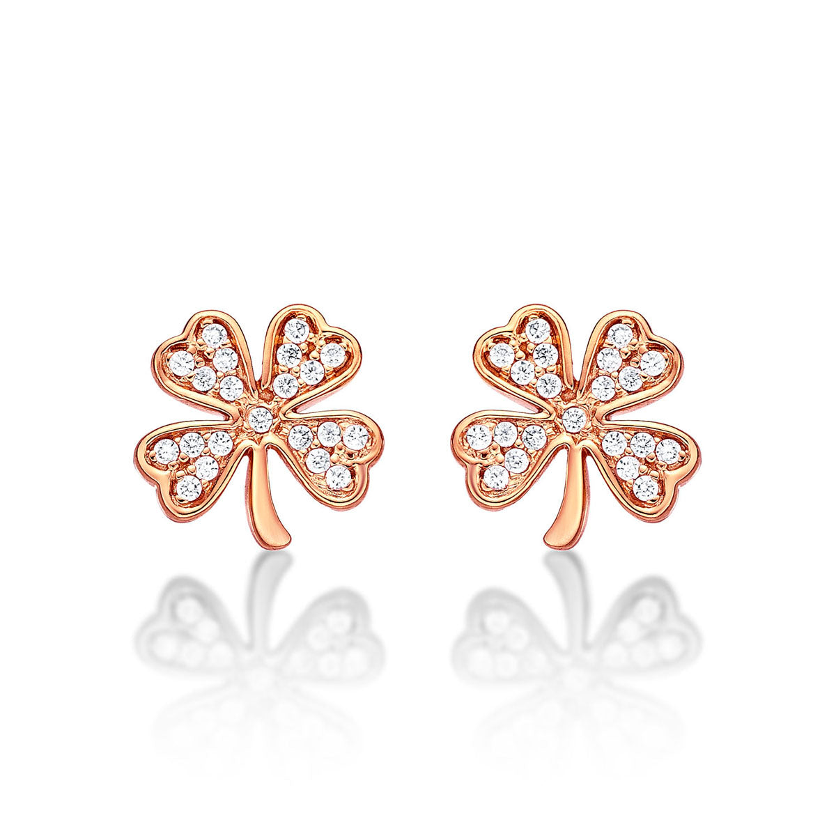Rose Gold Plated Sterling Silver 4 Leaf Clover Earrings with Cubic Zirconia
