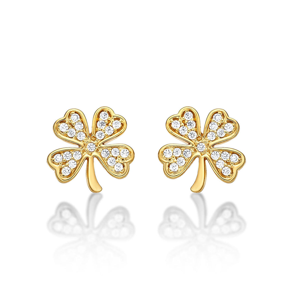 Yellow Gold Plated Sterling Silver 4 Leaf Clover Earrings with Cubic Zirconia