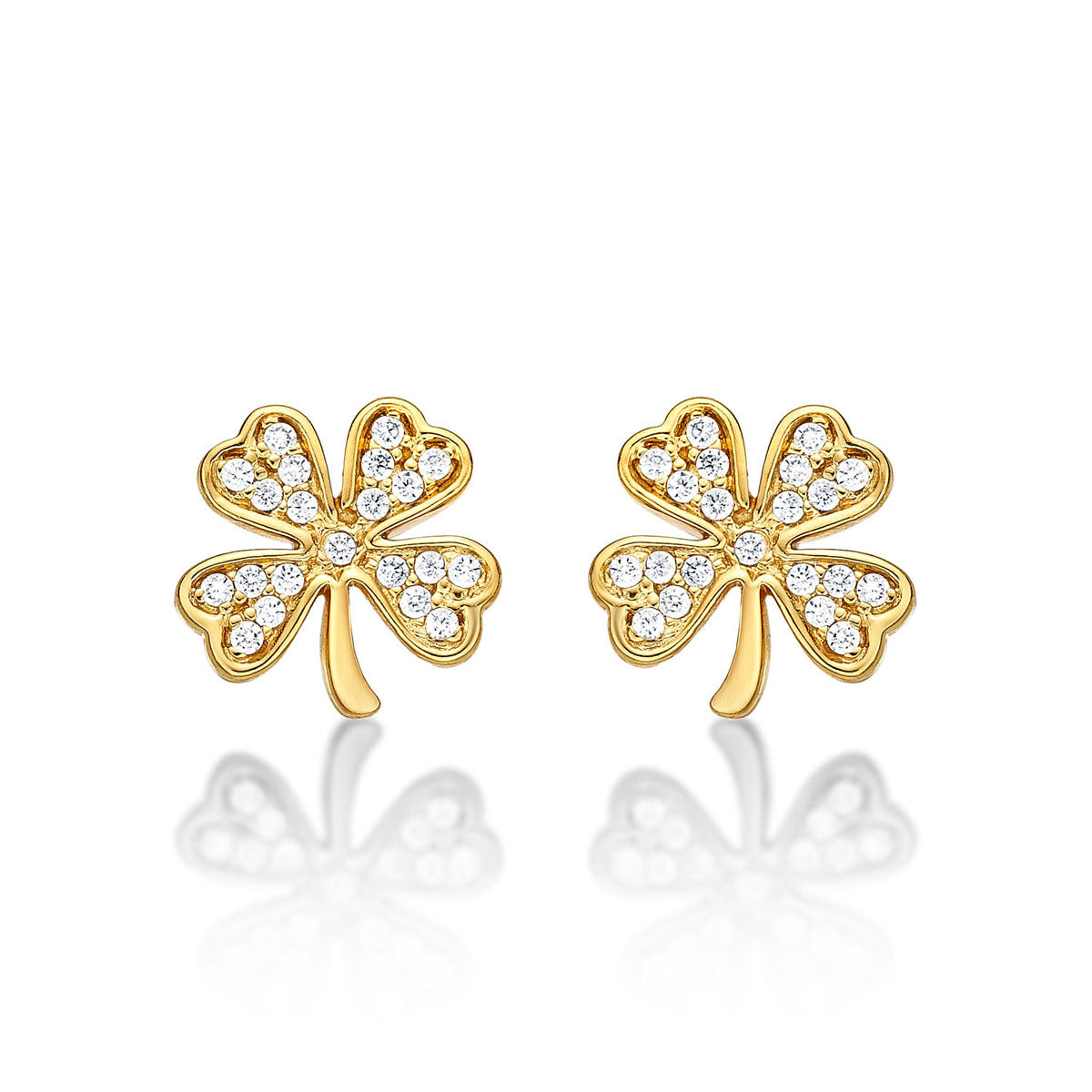Yellow Gold Plated Sterling Silver 4 Leaf Clover Earrings with Cubic Zirconia