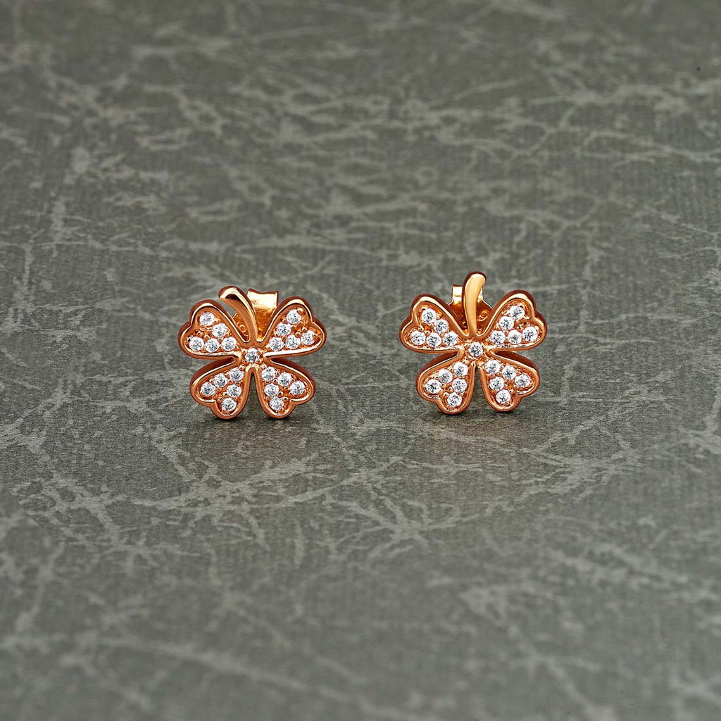 Rose Gold Plated Sterling Silver 4 Leaf Clover Earrings with Cubic Zirconia