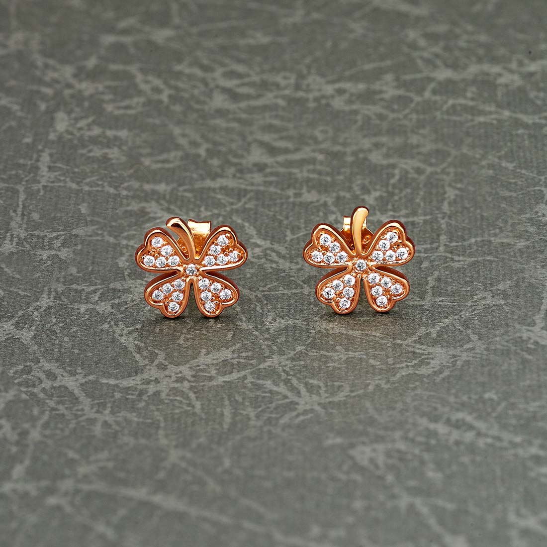 Rose Gold Plated Sterling Silver 4 Leaf Clover Earrings with Cubic Zirconia