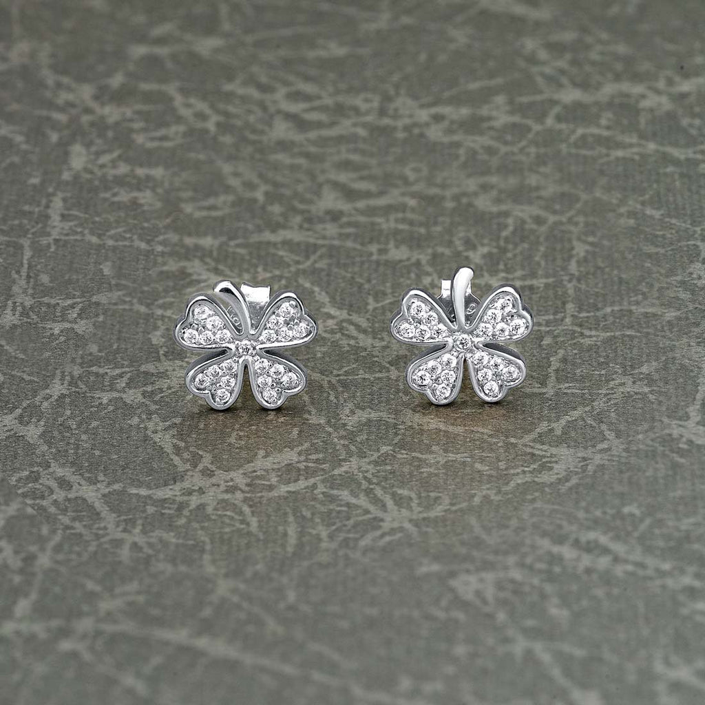 Sterling Silver 4 Leaf Clover Earrings with Cubic Zirconia