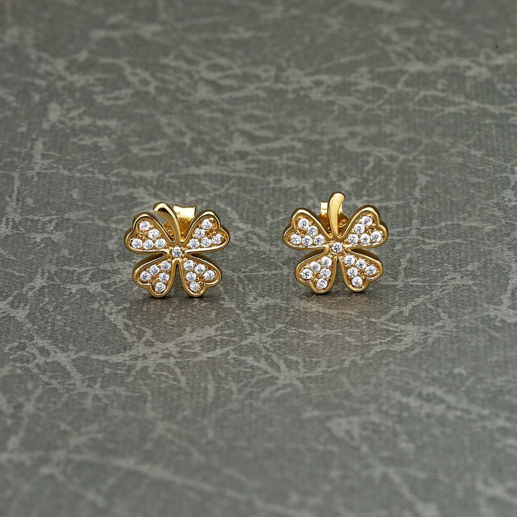 Yellow Gold Plated Sterling Silver 4 Leaf Clover Earrings with Cubic Zirconia