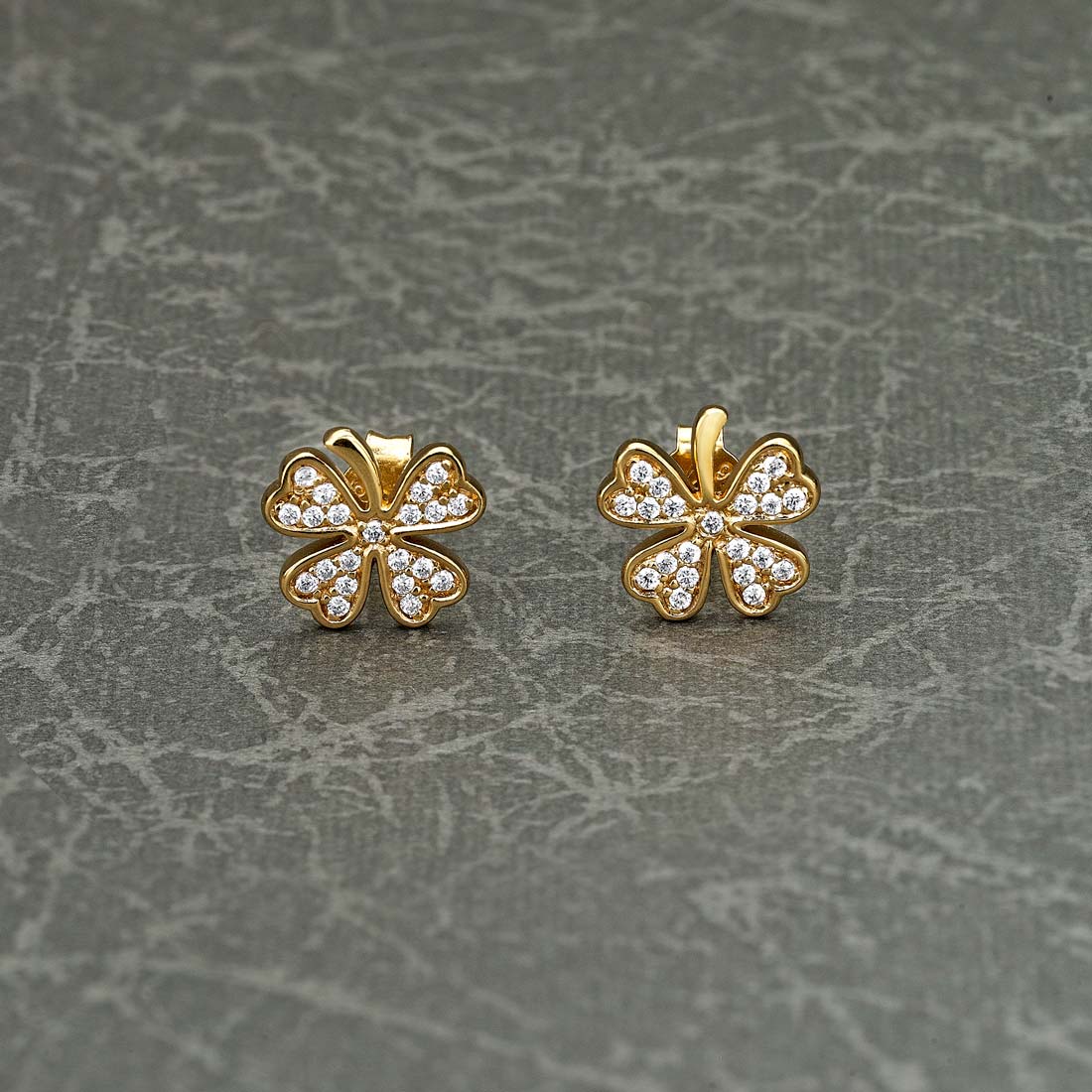 Yellow Gold Plated Sterling Silver 4 Leaf Clover Earrings with Cubic Zirconia