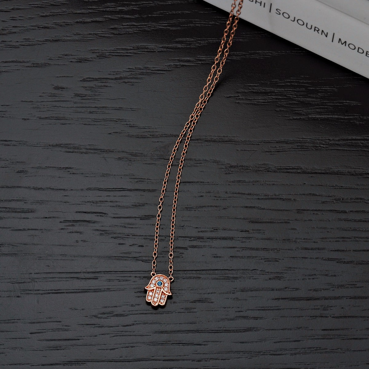 Rose Gold Plated Sterling Silver HAMZA HAND Pendant Necklace with Cubic Zirconia