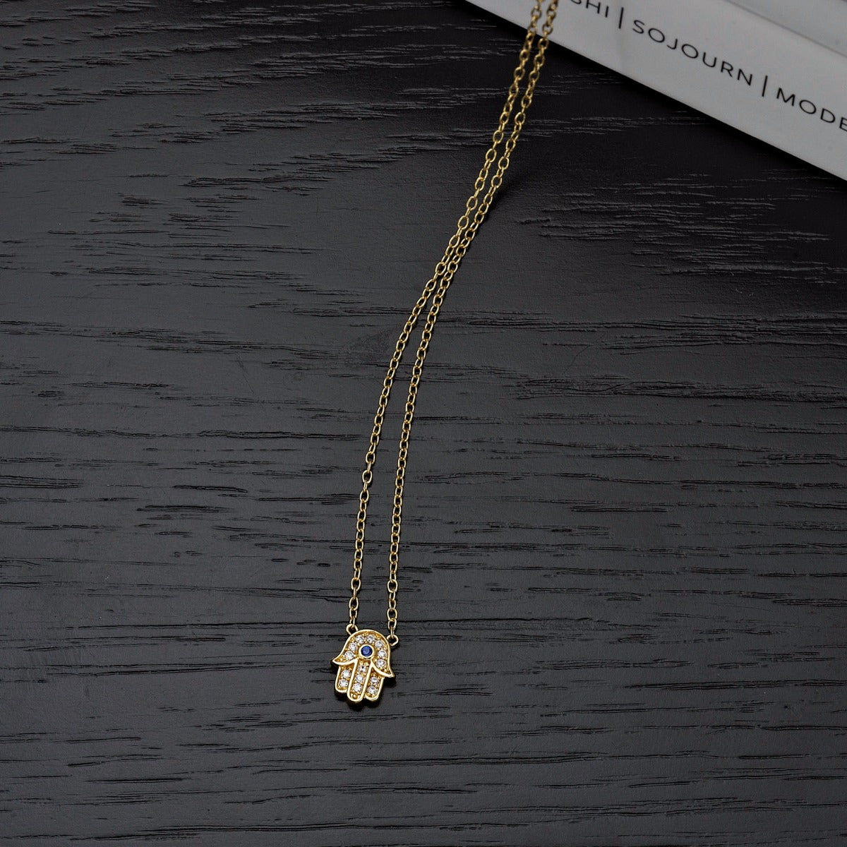 Yellow Gold Plated Sterling Silver HAMZA HAND Pendant Necklace with Cubic Zirconia