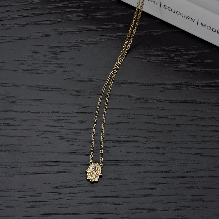 Yellow Gold Plated Sterling Silver HAMZA HAND Pendant Necklace with Cubic Zirconia