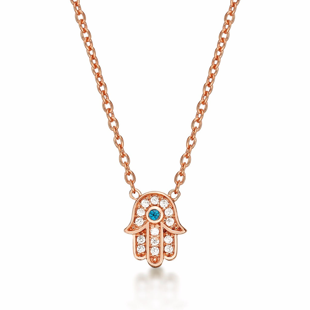 Rose Gold Plated Sterling Silver HAMZA HAND Pendant Necklace with Cubic Zirconia