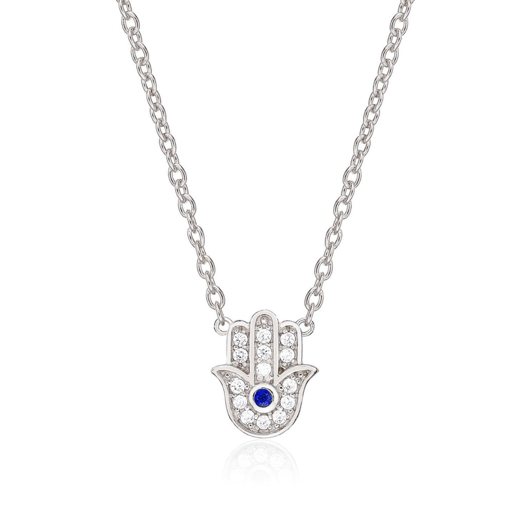 Sterling Silver Hamsa Hand Pendant Necklace with Cubic Zirconia Stones