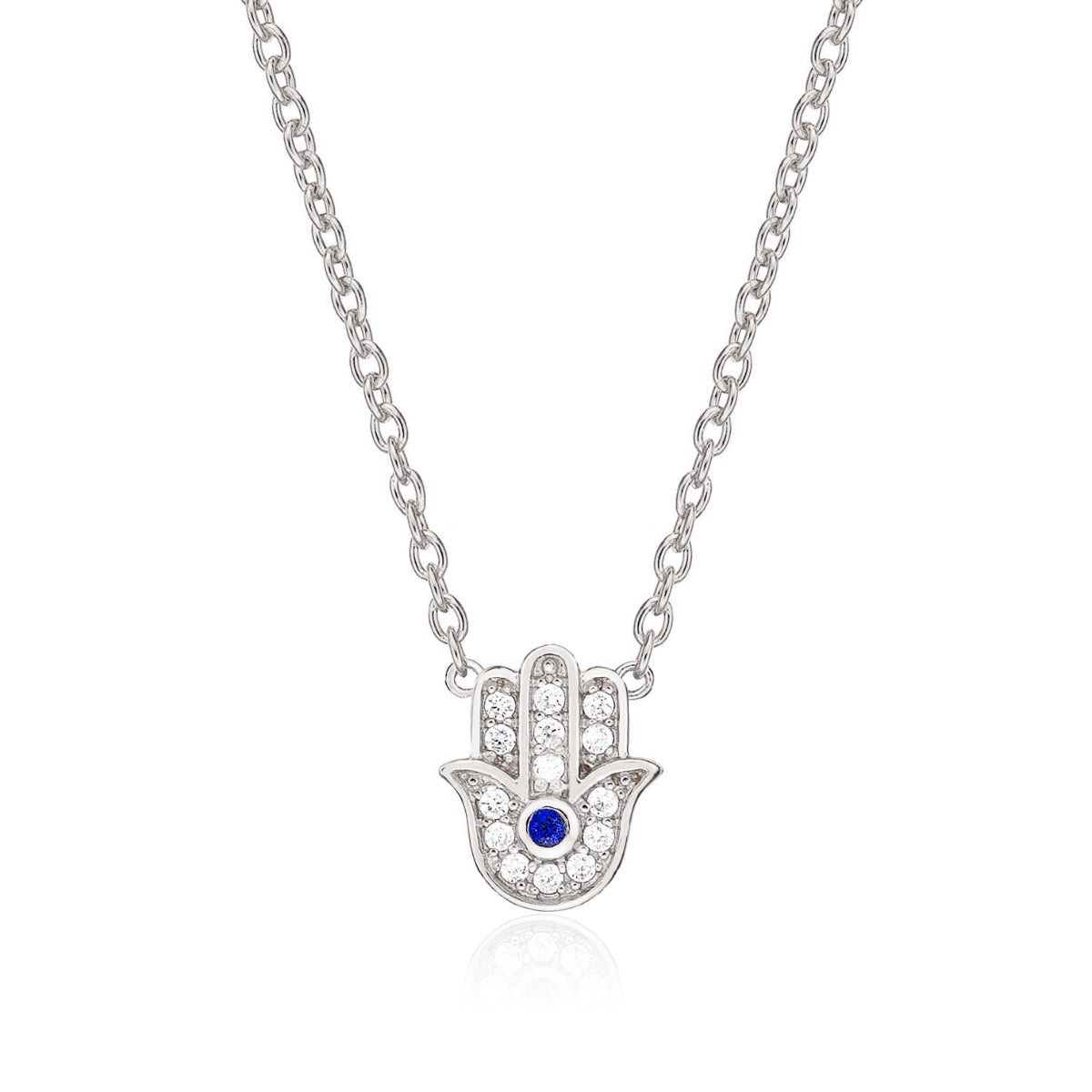 Sterling Silver Hamsa Hand Pendant Necklace with Cubic Zirconia Stones