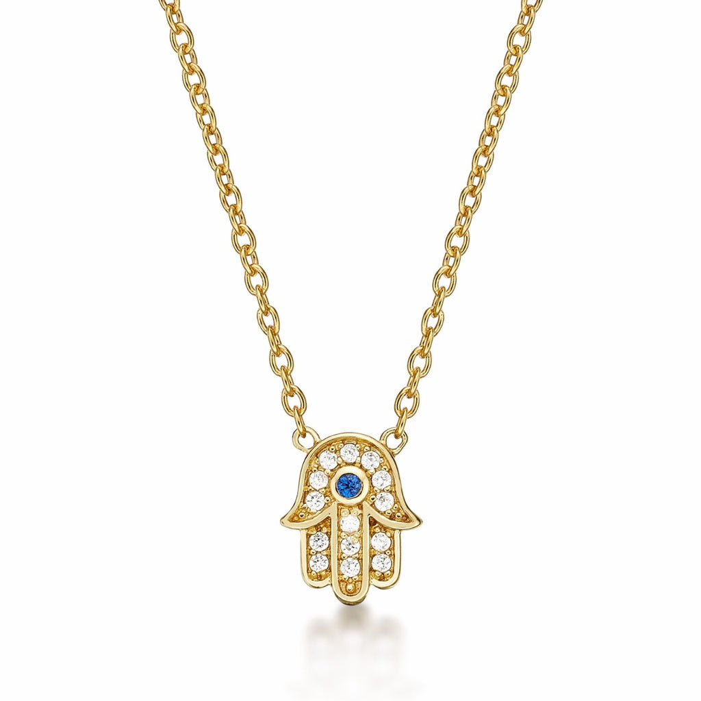 Yellow Gold Plated Sterling Silver HAMZA HAND Pendant Necklace with Cubic Zirconia
