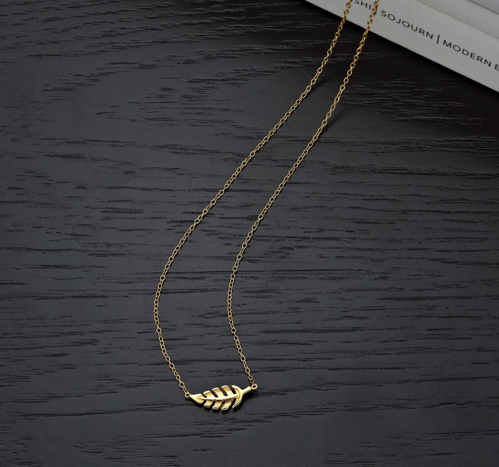 Yellow Gold Plated Sterling Silver FEATHER Pendant Necklace