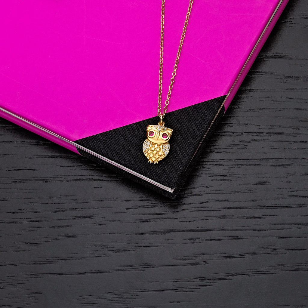 Gold Plated Sterling Silver OWL Pendant Necklace with Cubic Zirconia