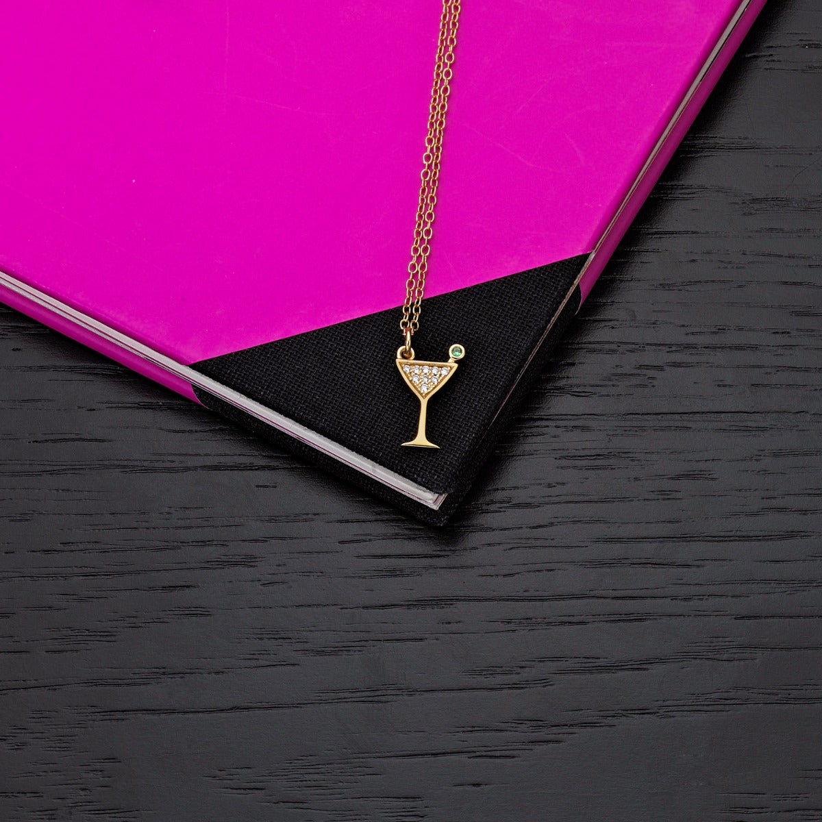 Gold Plated Sterling Silver COCKTAIL GLASS Pendant Necklace with Cubic Zirconia