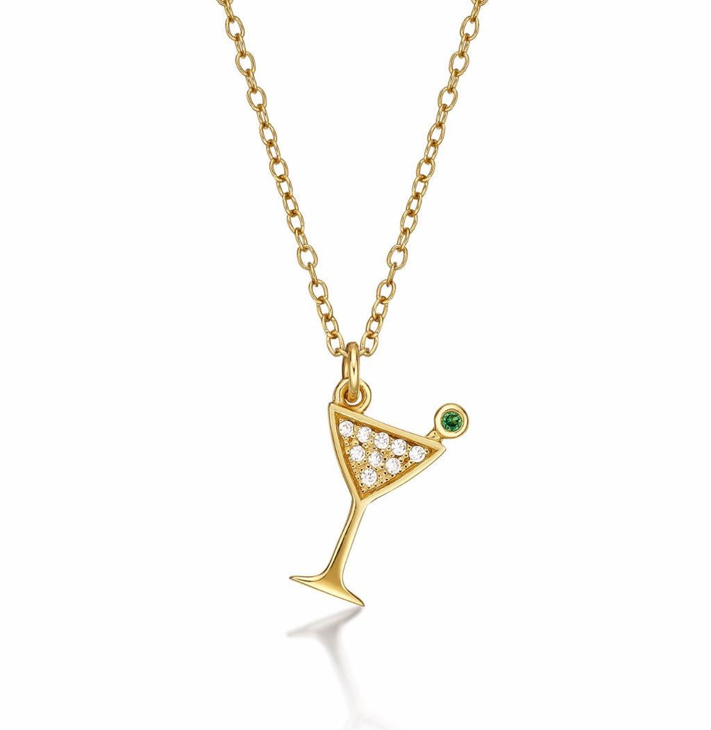 Gold Plated Sterling Silver COCKTAIL GLASS Pendant Necklace with Cubic Zirconia