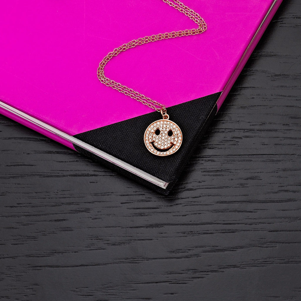Rose Gold Plated Sterling Silver HAPPY FACE Pendant Necklace with Cubic Zirconia