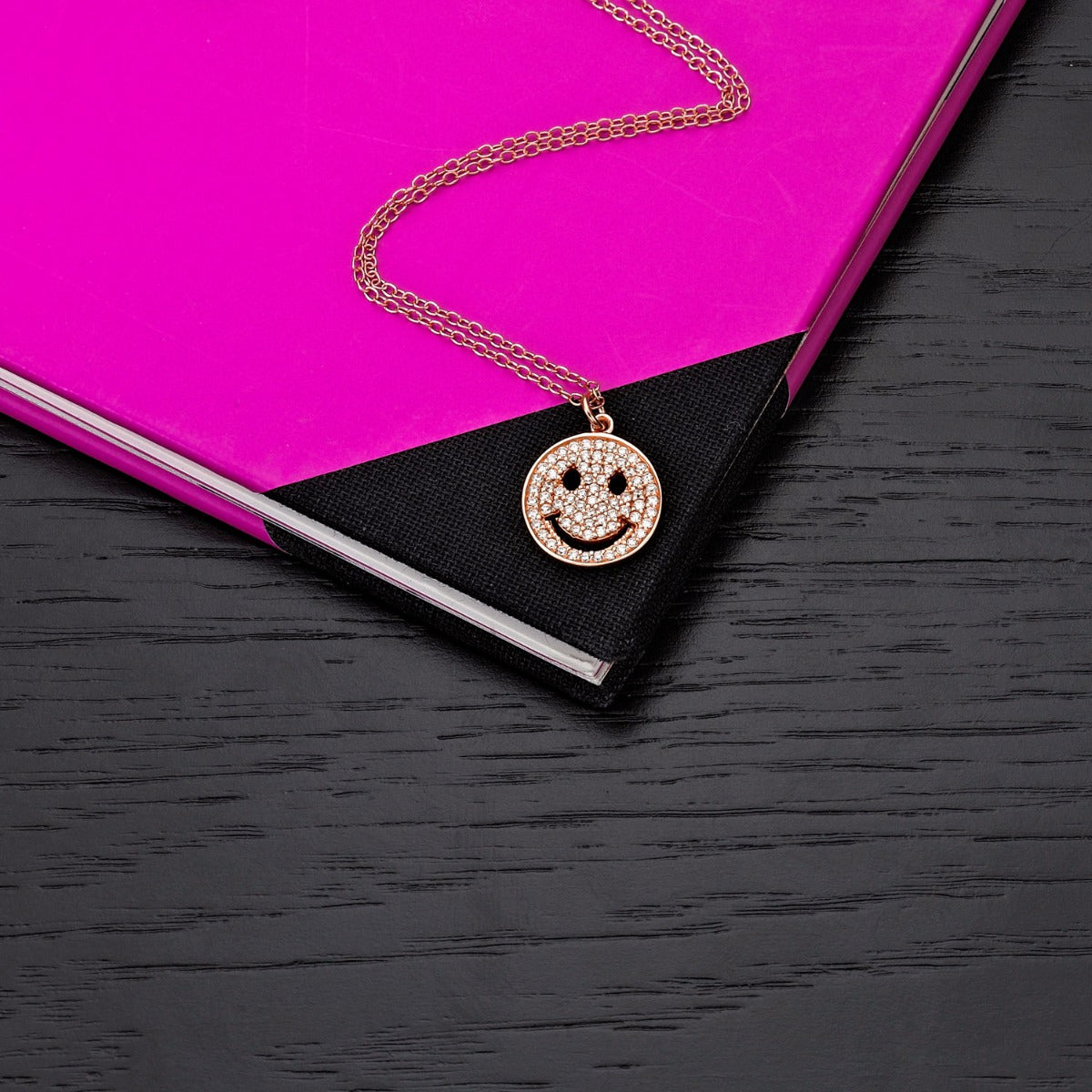 Rose Gold Plated Sterling Silver HAPPY FACE Pendant Necklace with Cubic Zirconia