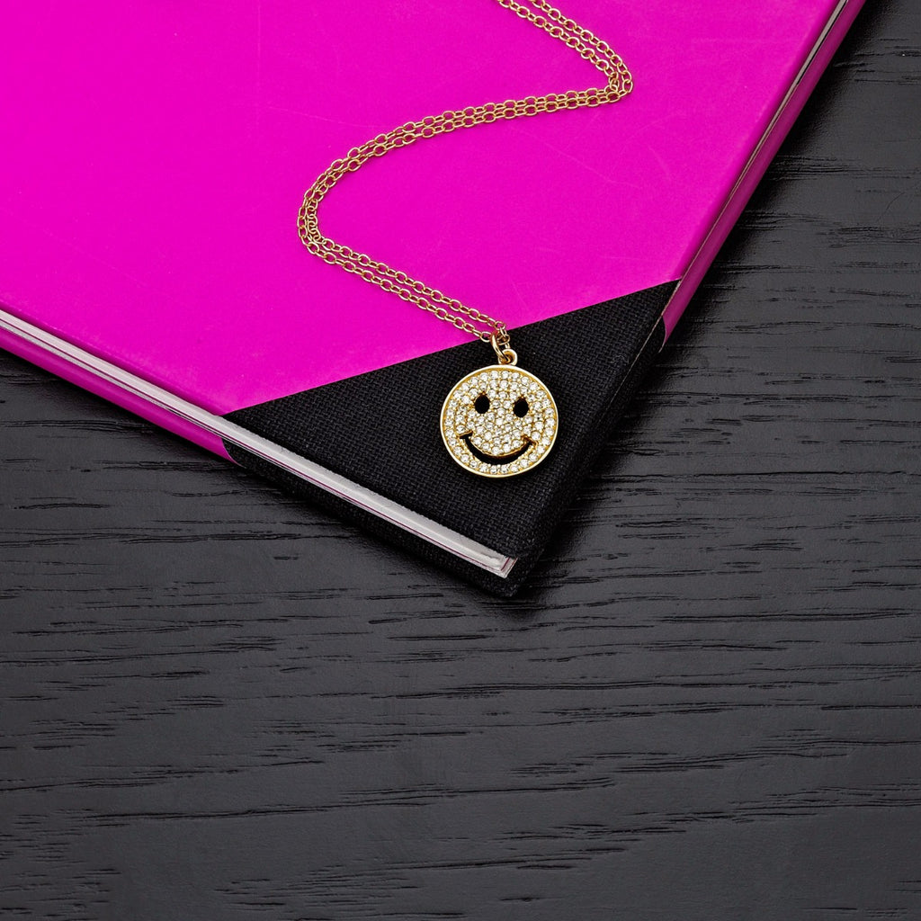 Gold Plated Sterling Silver HAPPY FACE Pendant Necklace with Cubic Zirconia