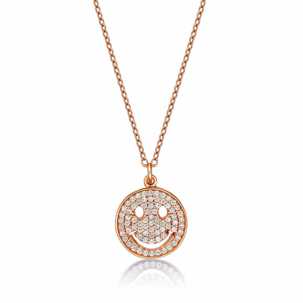 Rose Gold Plated Sterling Silver HAPPY FACE Pendant Necklace with Cubic Zirconia