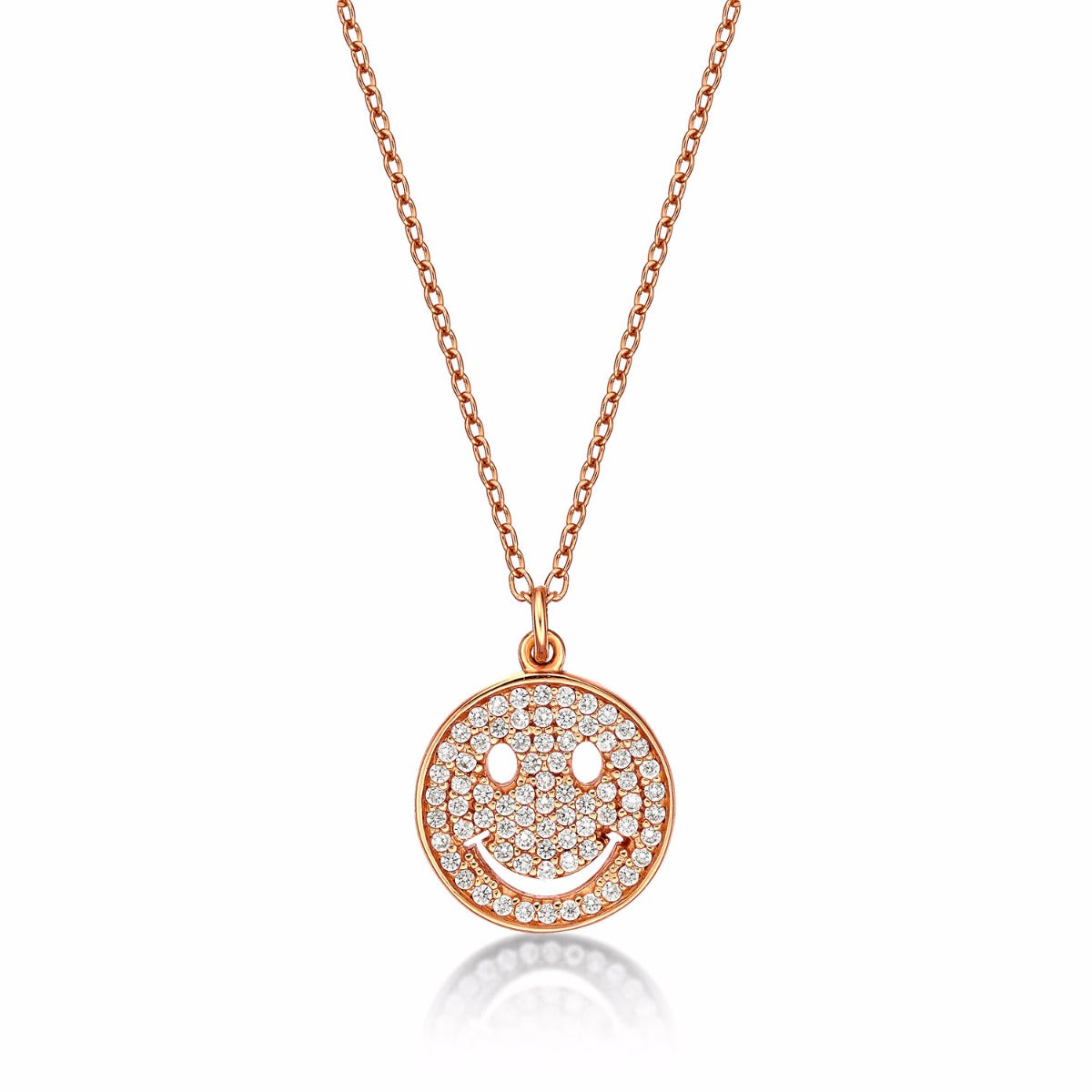 Rose Gold Plated Sterling Silver HAPPY FACE Pendant Necklace with Cubic Zirconia