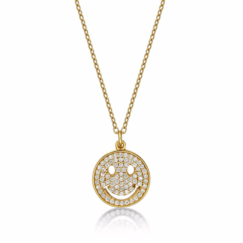 Gold Plated Sterling Silver HAPPY FACE Pendant Necklace with Cubic Zirconia