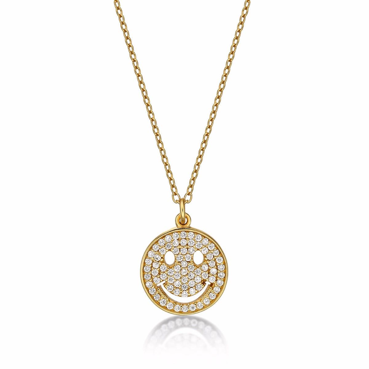 Gold Plated Sterling Silver HAPPY FACE Pendant Necklace with Cubic Zirconia