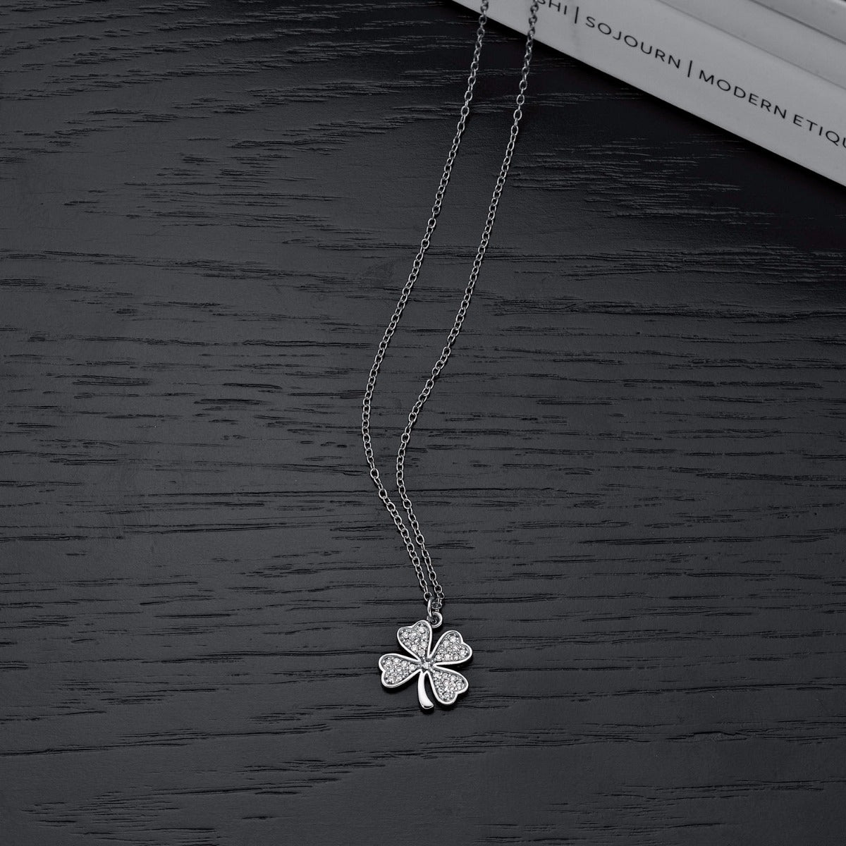 Sterling Silver CLOVER Pendant Necklace with Cubic Zirconia