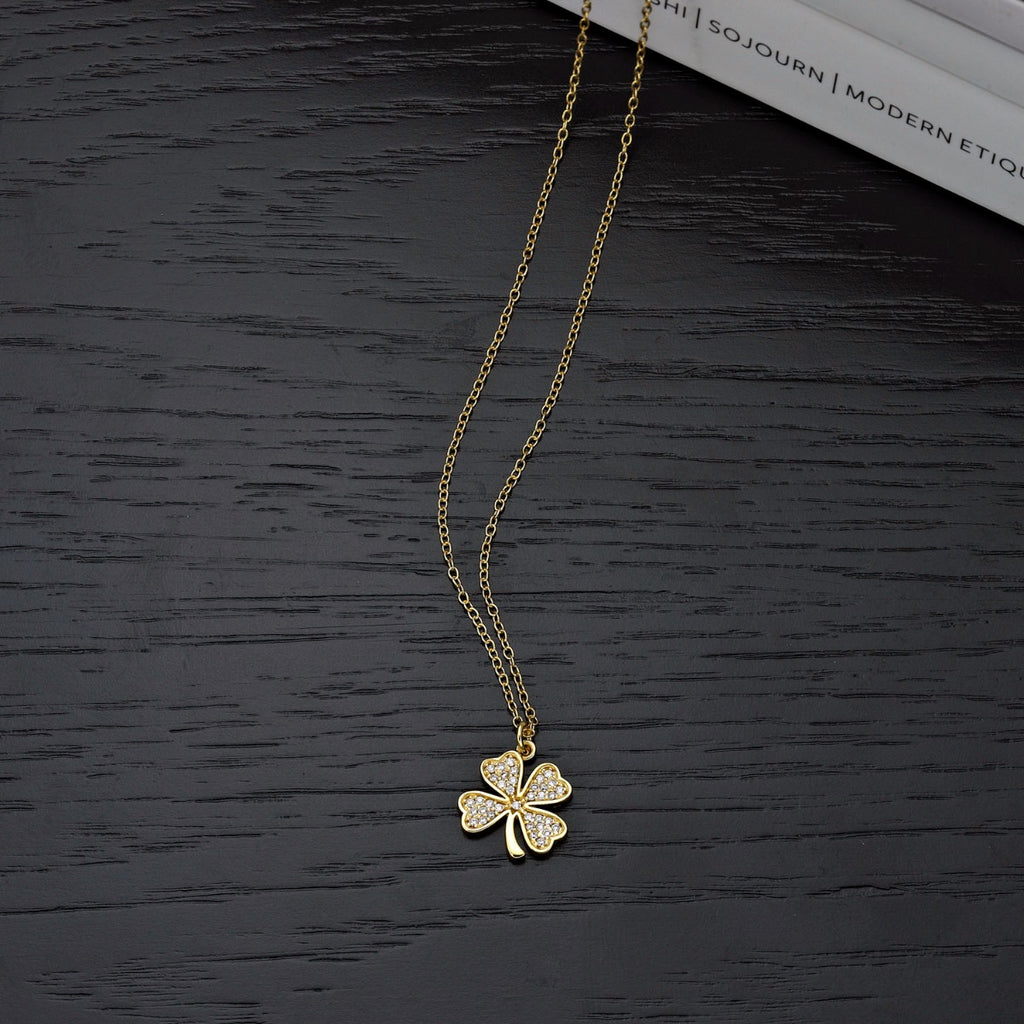 Gold Plated Sterling Silver CLOVER Pendant Necklace with Cubic Zirconia