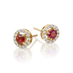 0.45ct Ruby Earrings with Diamond Halo 18K Yellow Gold